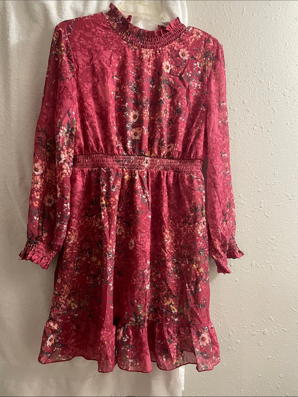 Smocked Waist Long-Sleeve Floral Dress in Burgundy